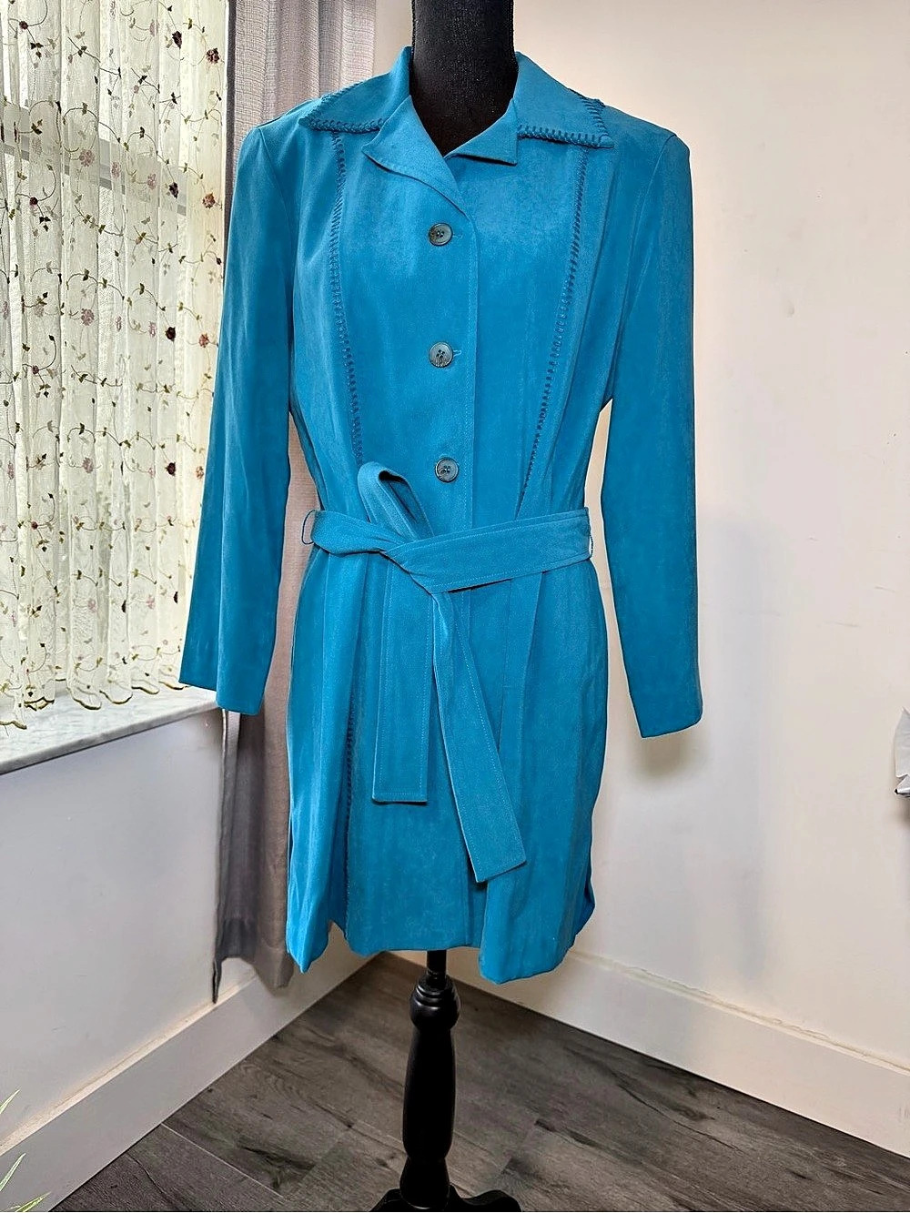 Susan Graver Belted Blue Trench Coat Size Medium